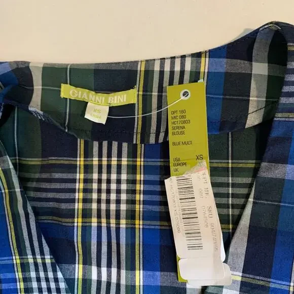 Gianni Bini Top Womens XS Extra Small Blue Tartan Plaid Serena Tie Bell Sleeves - Picture 8 of 11